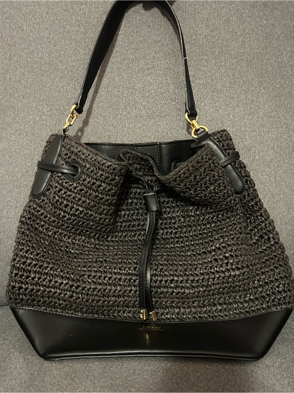 Lauren Ralph Lauren Black Straw Debby Drawstring Bag